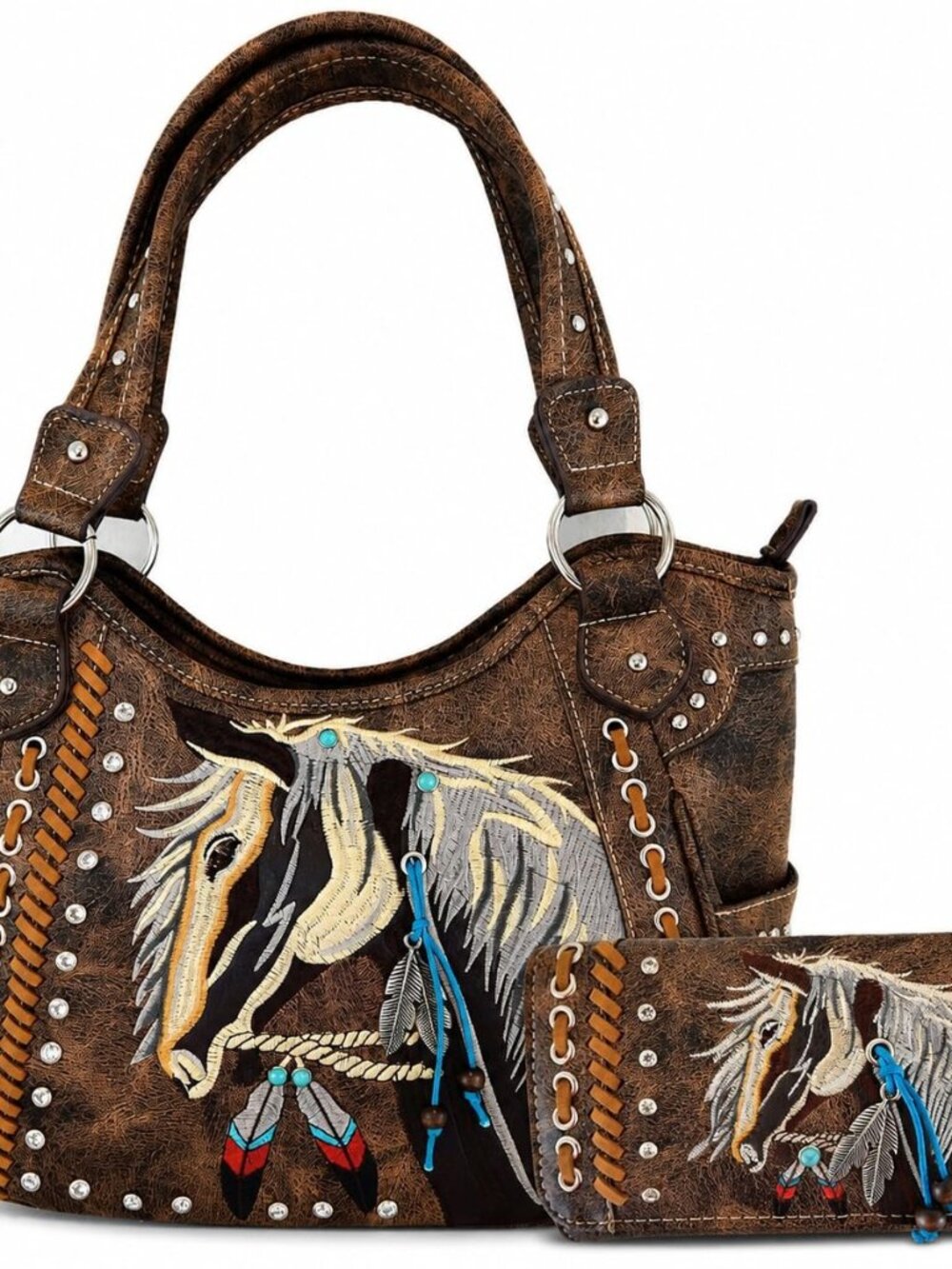 Western Horse Embroidered Purse for Women, Shoulder Handbag and Wallet Set